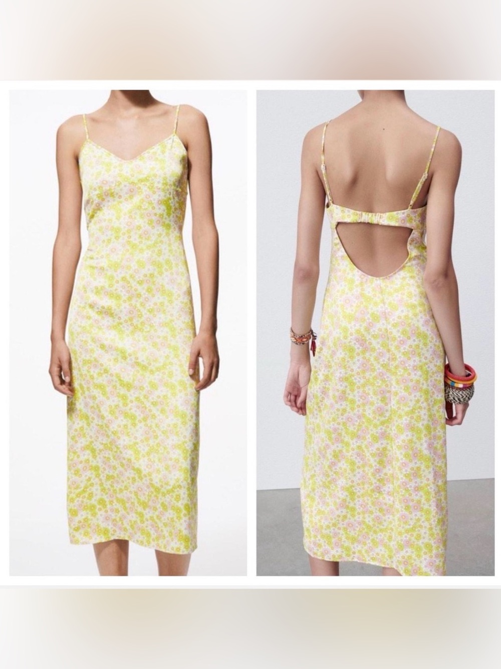 Zara Yellow Floral Slip Midi Dress - Open Back